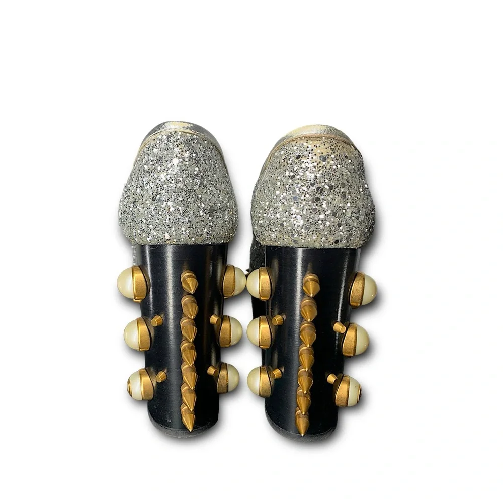 Gucci Vegas Silver Glitter Platform Loafers with Gold Stud & Spike Accents Rare